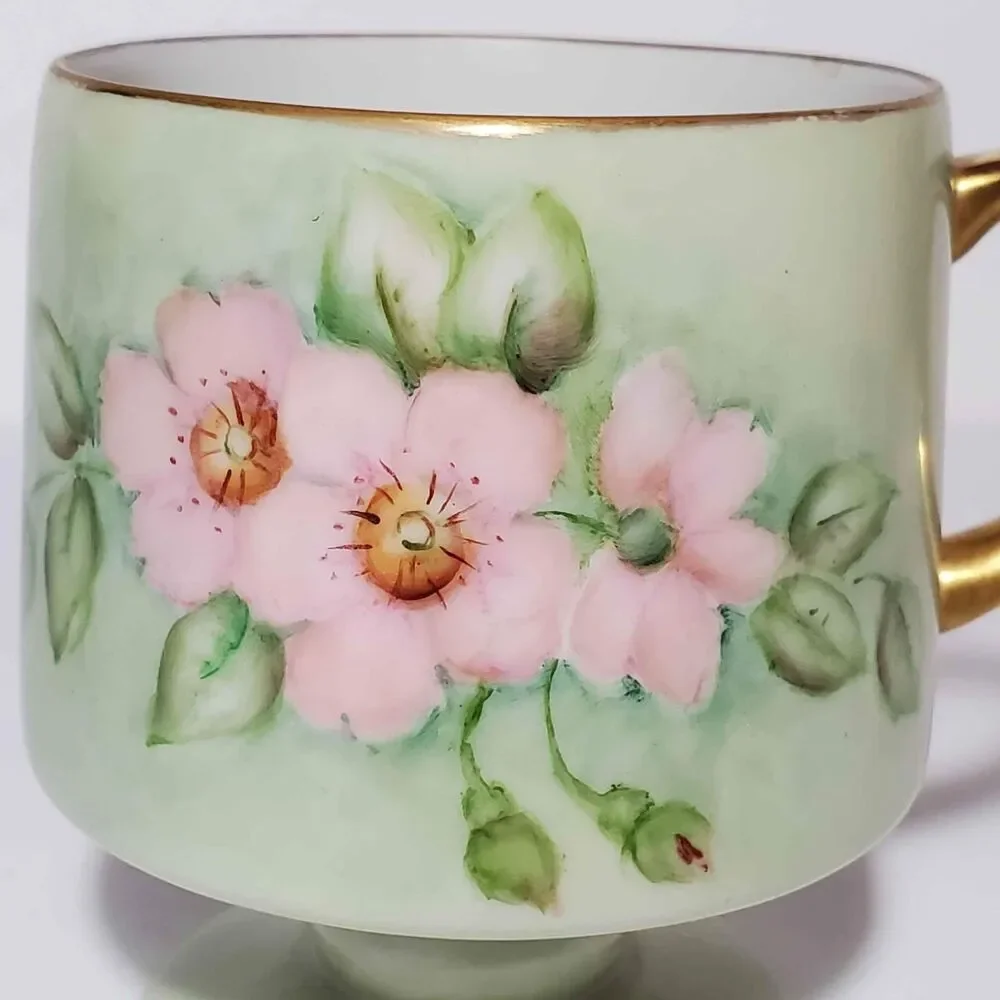 Hand Painted Cup Pink Flowers Signed Vintage
